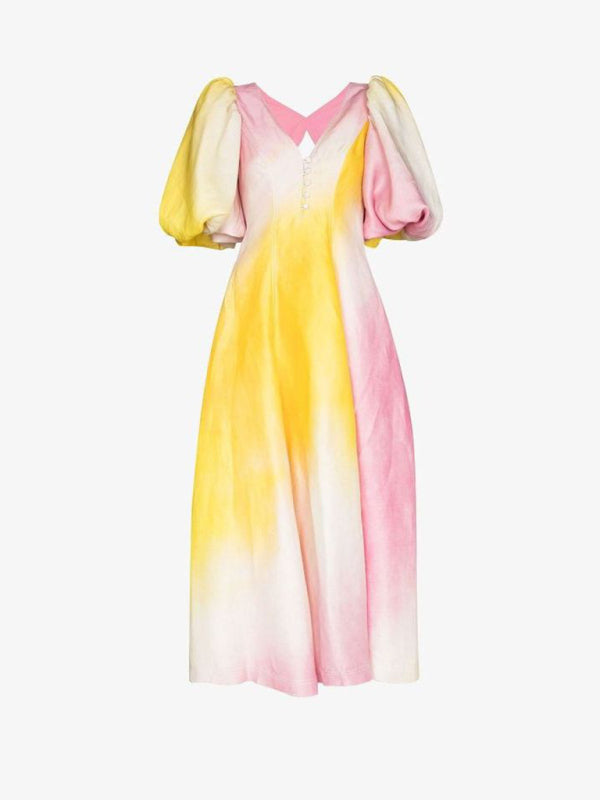 Blue Zone Planet | colorful V-neck lantern sleeve dress BLUE ZONE PLANET