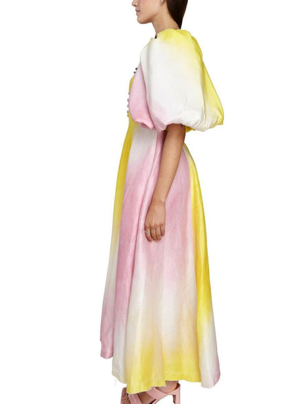 Blue Zone Planet | colorful V-neck lantern sleeve dress BLUE ZONE PLANET