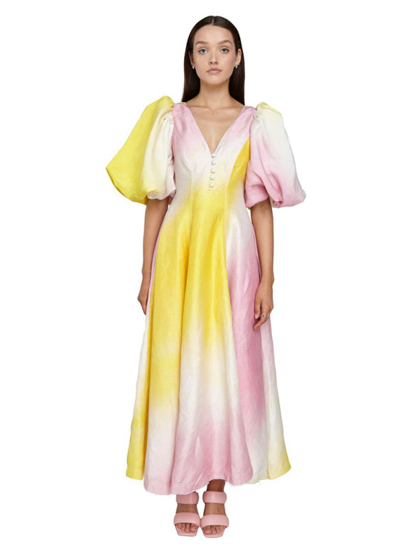 Blue Zone Planet | colorful V-neck lantern sleeve dress BLUE ZONE PLANET