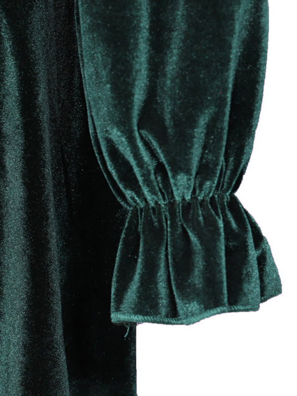 New women's fashionable long-sleeved V-neck Korean velvet autumn and winter dress BLUE ZONE PLANET