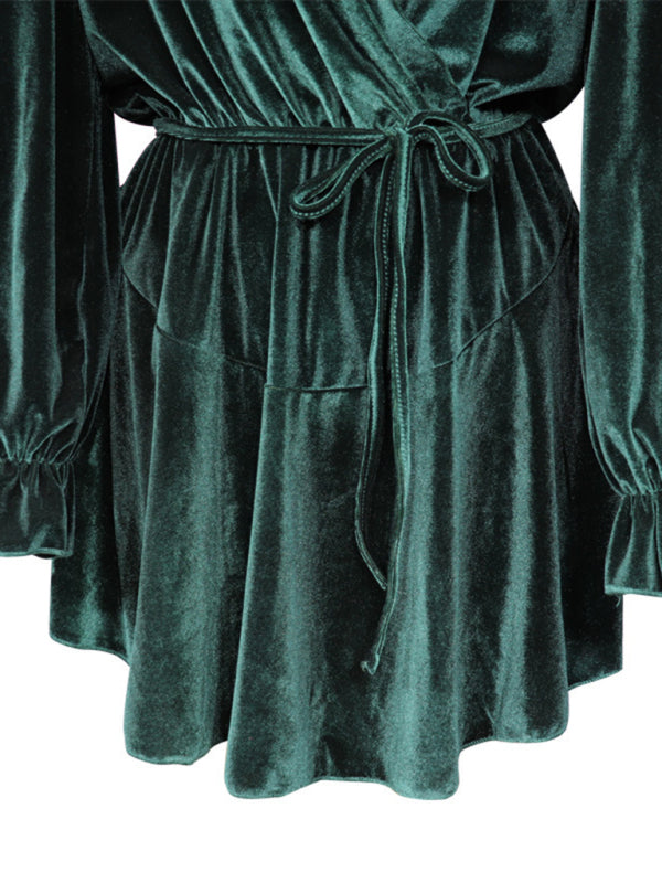 New women's fashionable long-sleeved V-neck Korean velvet autumn and winter dress BLUE ZONE PLANET