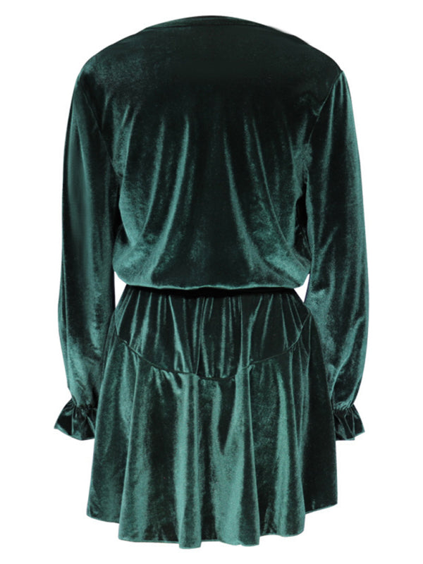 New women's fashionable long-sleeved V-neck Korean velvet autumn and winter dress BLUE ZONE PLANET