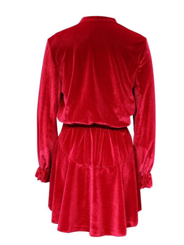 New women's fashionable long-sleeved V-neck Korean velvet autumn and winter dress BLUE ZONE PLANET