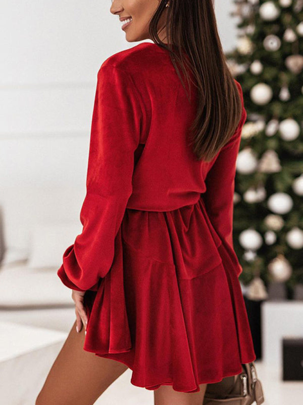 New women's fashionable long-sleeved V-neck Korean velvet autumn and winter dress BLUE ZONE PLANET