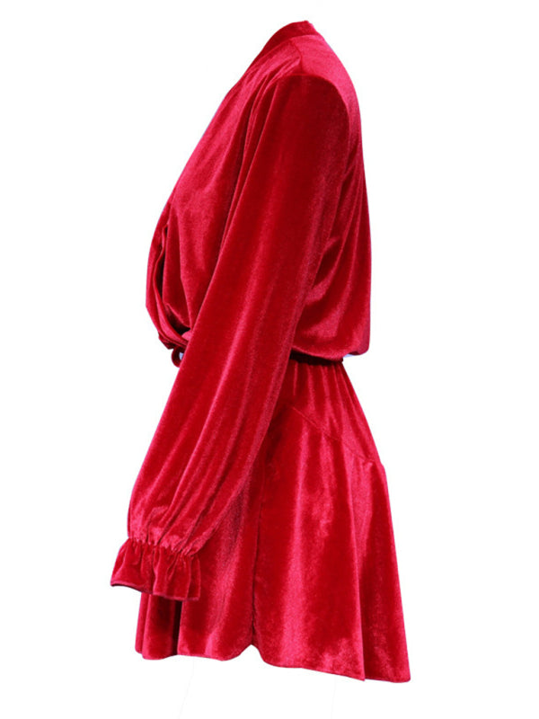 New women's fashionable long-sleeved V-neck Korean velvet autumn and winter dress BLUE ZONE PLANET