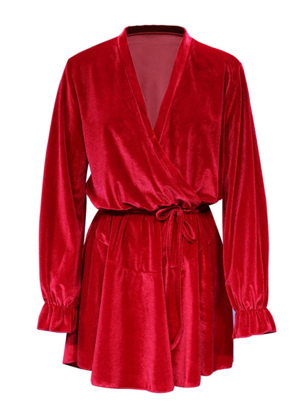 New women's fashionable long-sleeved V-neck Korean velvet autumn and winter dress BLUE ZONE PLANET