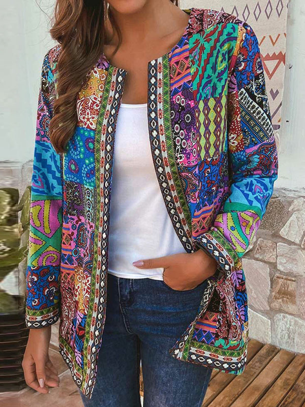 retro cotton and linen printed loose long-sleeved cardigan jacket BLUE ZONE PLANET