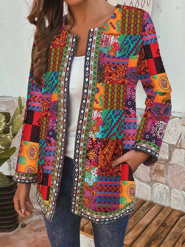 retro cotton and linen printed loose long-sleeved cardigan jacket BLUE ZONE PLANET