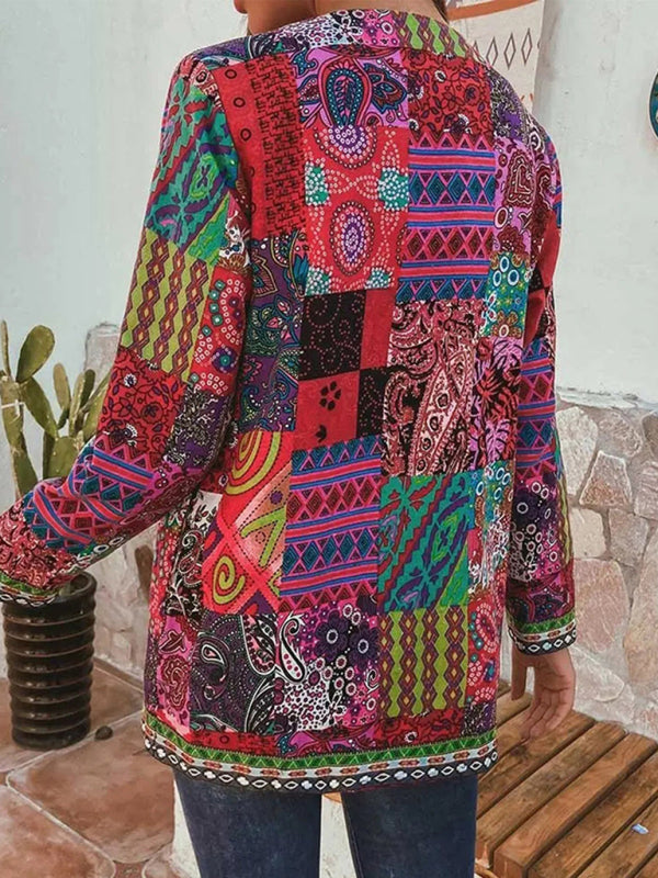 retro cotton and linen printed loose long-sleeved cardigan jacket BLUE ZONE PLANET