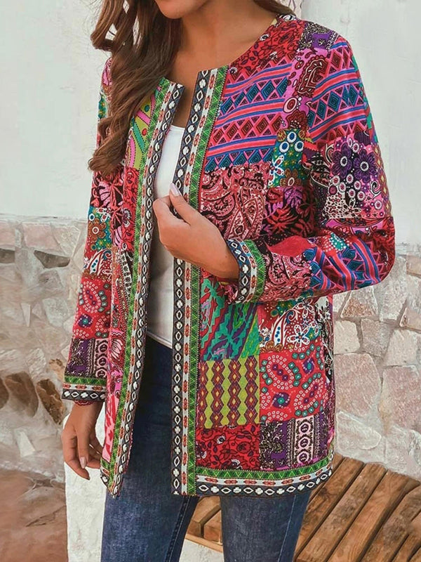 retro cotton and linen printed loose long-sleeved cardigan jacket BLUE ZONE PLANET