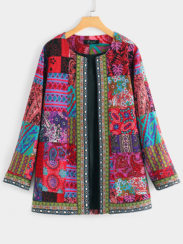 retro cotton and linen printed loose long-sleeved cardigan jacket BLUE ZONE PLANET
