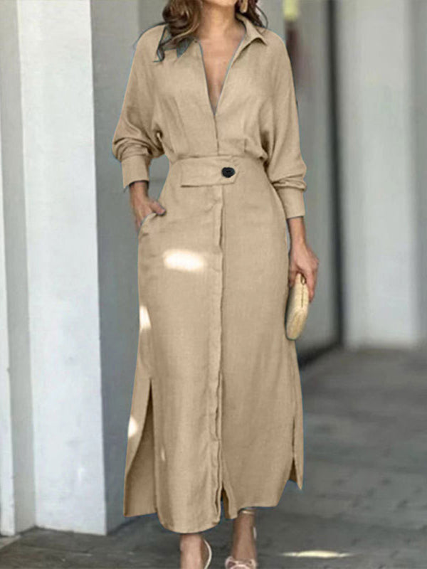 Blue Zone Planet | temperament commuting lace-up solid color waist long-sleeved irregular shirt dress kakaclo