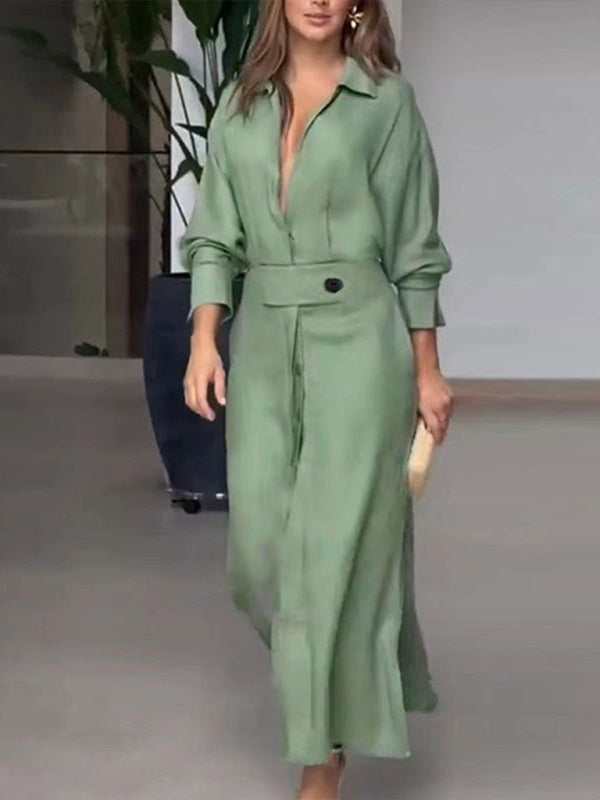 Blue Zone Planet | temperament commuting lace-up solid color waist long-sleeved irregular shirt dress kakaclo
