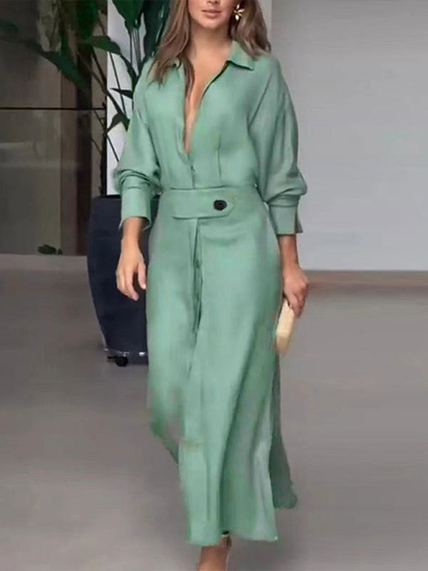 Blue Zone Planet | temperament commuting lace-up solid color waist long-sleeved irregular shirt dress kakaclo