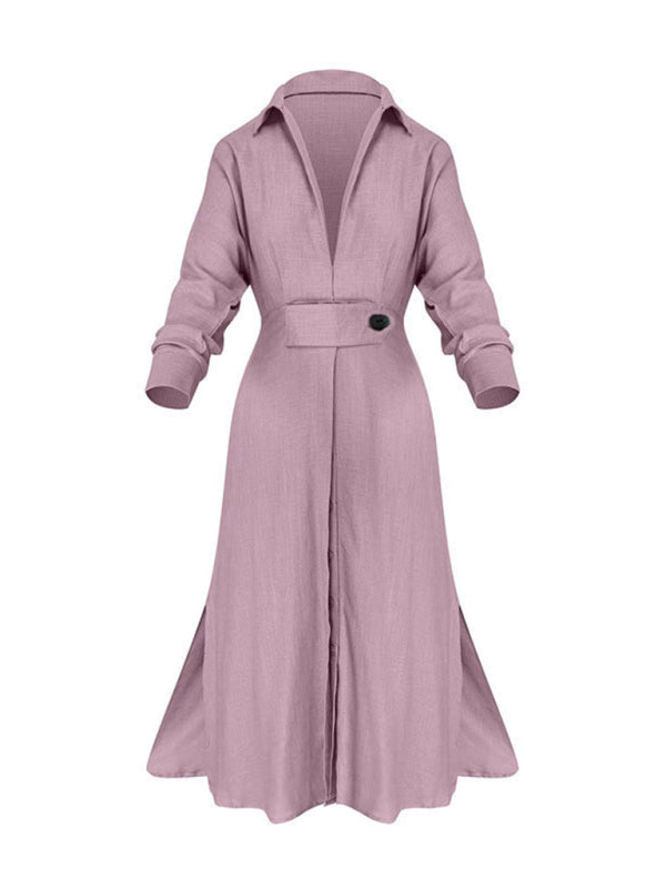 Blue Zone Planet | temperament commuting lace-up solid color waist long-sleeved irregular shirt dress kakaclo