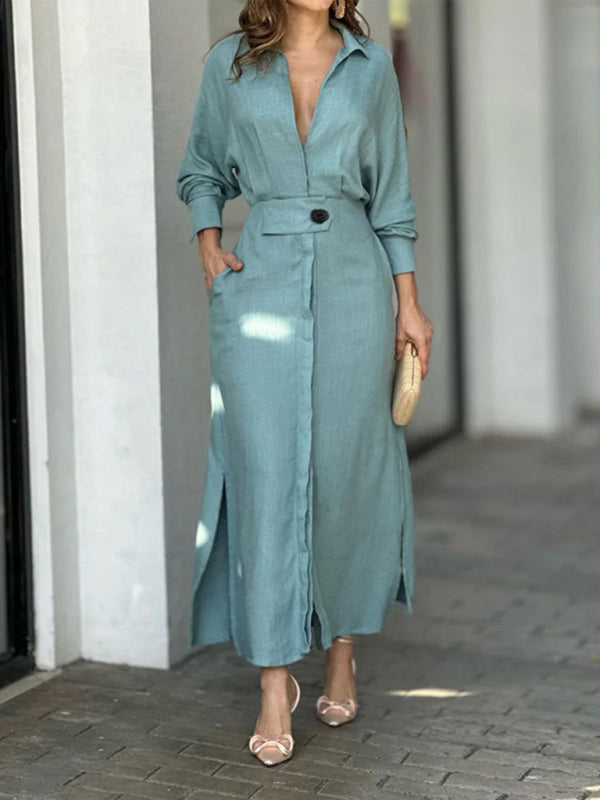 Blue Zone Planet | temperament commuting lace-up solid color waist long-sleeved irregular shirt dress kakaclo