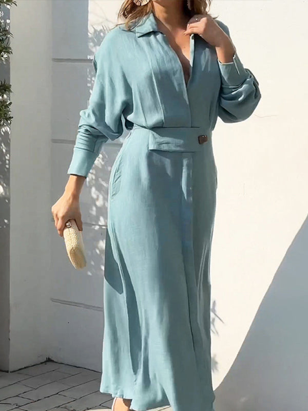 Blue Zone Planet | temperament commuting lace-up solid color waist long-sleeved irregular shirt dress kakaclo
