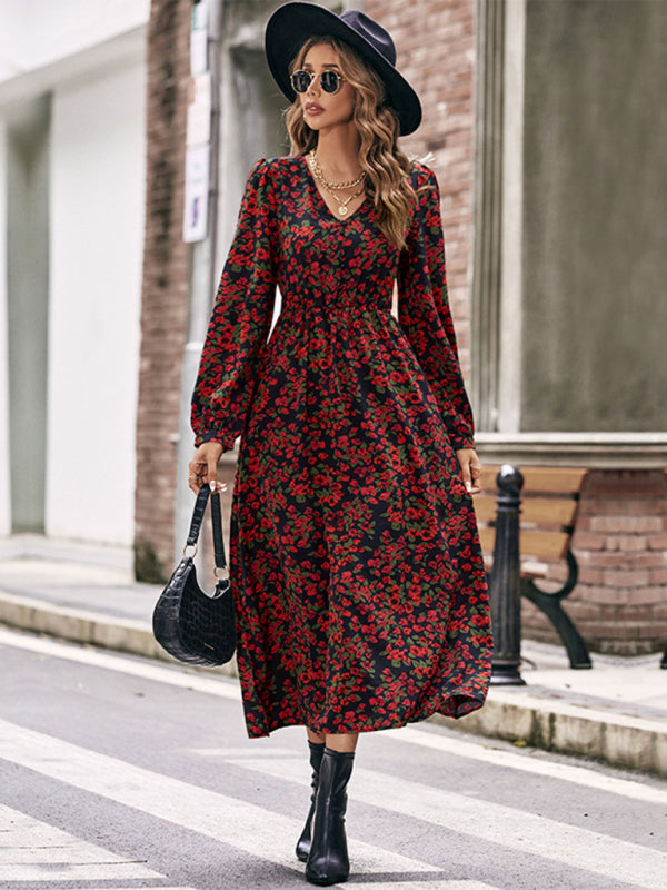 autumn winter long sleeve printed dress long skirt BLUE ZONE PLANET