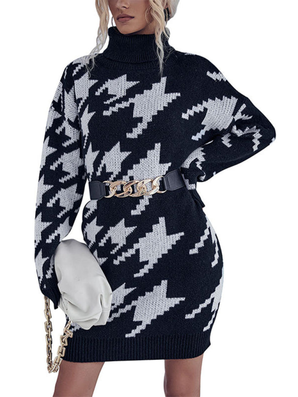 turtleneck loose long sleeve houndstooth sweater dress BLUE ZONE PLANET