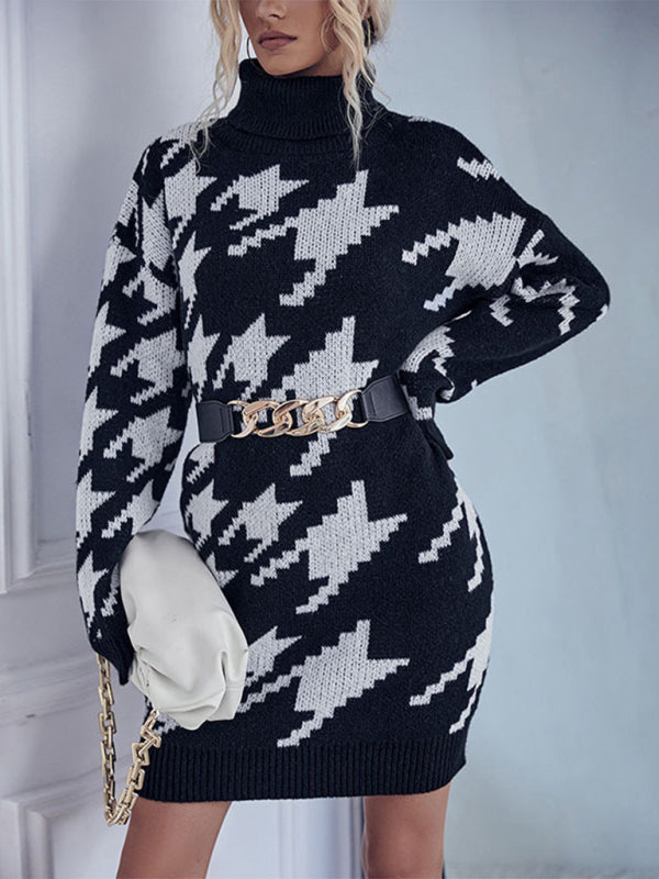 turtleneck loose long sleeve houndstooth sweater dress BLUE ZONE PLANET