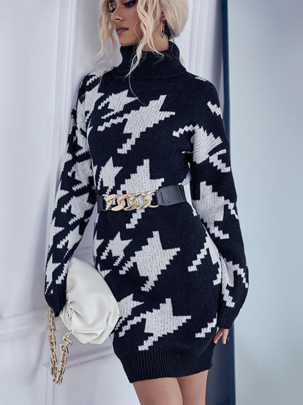 turtleneck loose long sleeve houndstooth sweater dress BLUE ZONE PLANET