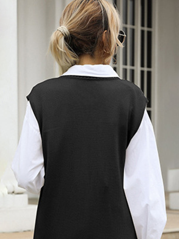 Long Solid Color V-Neck Vest Vest Knitted Sweater Dress kakaclo