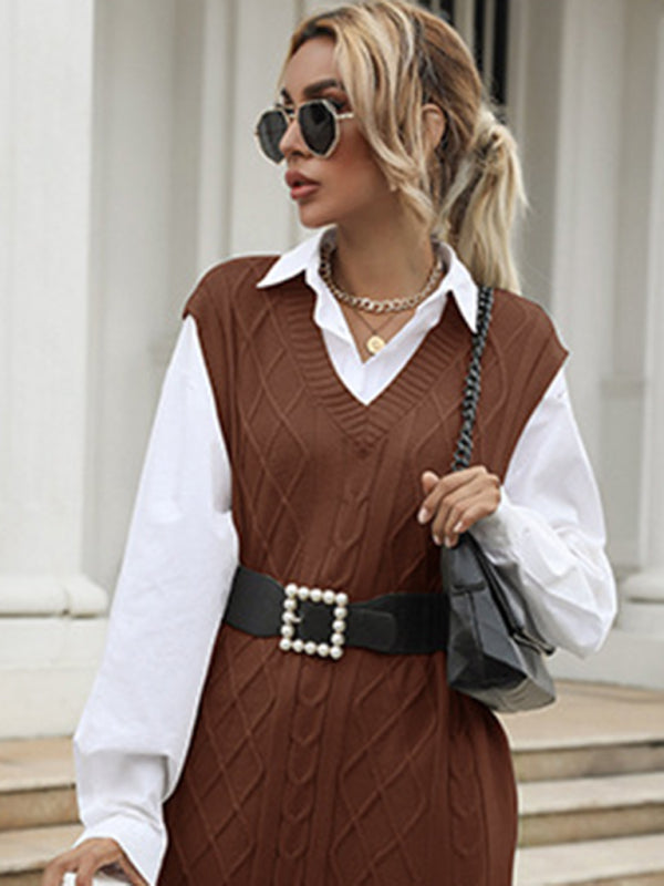 Long Solid Color V-Neck Vest Vest Knitted Sweater Dress kakaclo