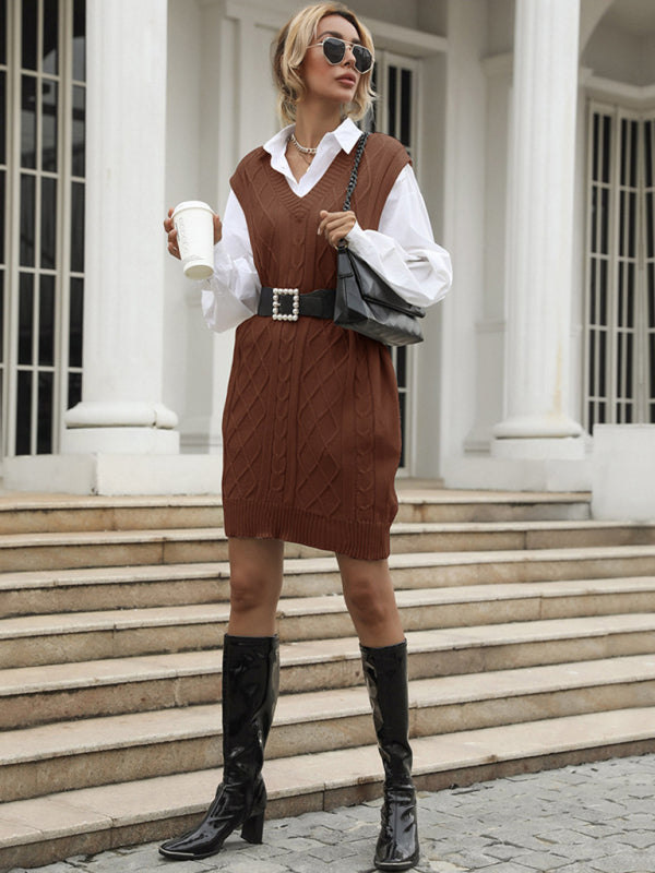 Long Solid Color V-Neck Vest Vest Knitted Sweater Dress kakaclo