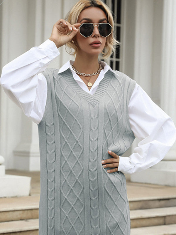 Long Solid Color V-Neck Vest Vest Knitted Sweater Dress kakaclo