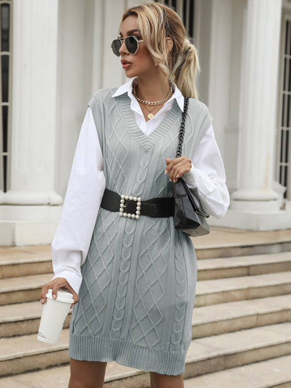 Long Solid Color V-Neck Vest Vest Knitted Sweater Dress kakaclo