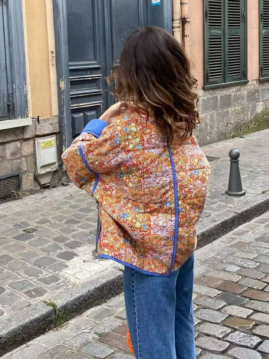 Flower print loose pocket quilted coat kakaclo