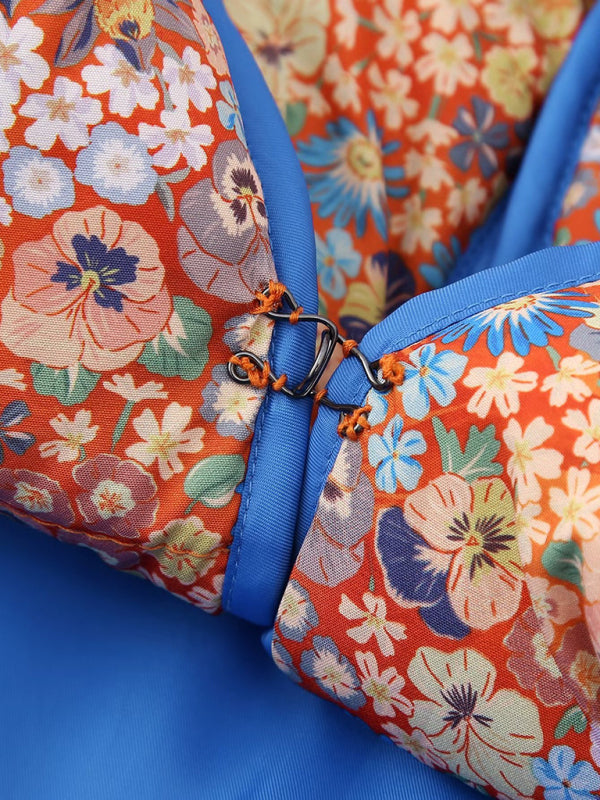 Flower print loose pocket quilted coat kakaclo