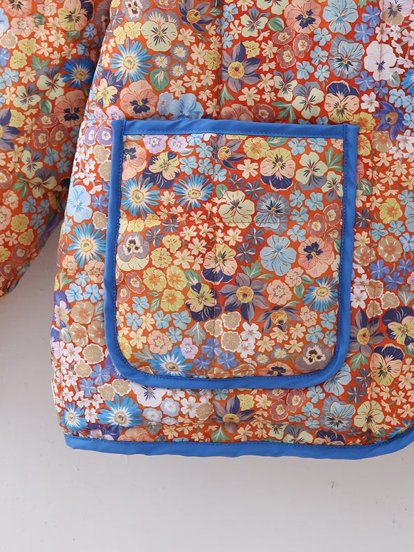 Flower print loose pocket quilted coat kakaclo
