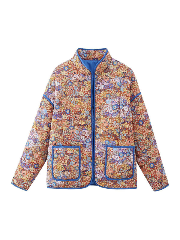 Flower print loose pocket quilted coat kakaclo