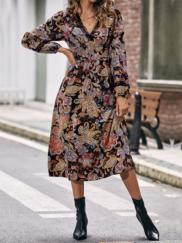 Blue Zone Planet | Women's Elegant Full Body Printed Long Sleeve Dress BLUE ZONE PLANET