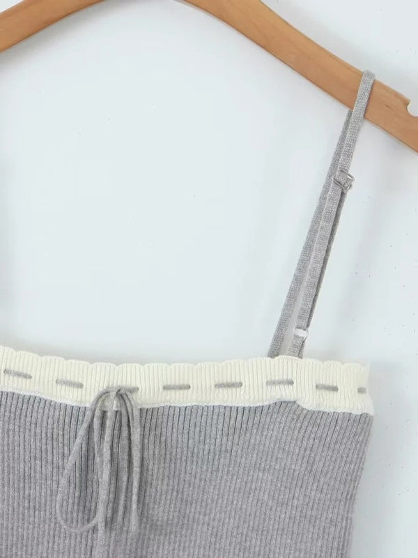 Lapel Long-sleeved Jacket + Color Matching Spaghetti Straps + Pleated Skirt kakaclo