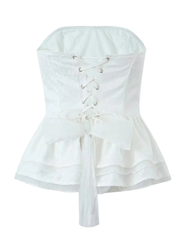 Blue Zone Planet | French palace style tight corset outer jacquard fishbone layered ruffled tube top BLUE ZONE PLANET