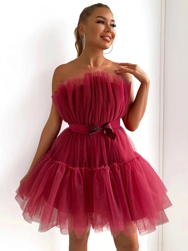 New tube top style mesh temperament bow tutu skirt dress kakaclo