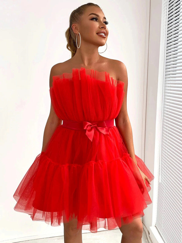 New tube top style mesh temperament bow tutu skirt dress kakaclo