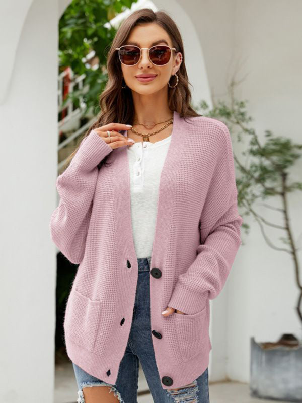 loose solid color knitted cardigan with elegant V-neck sweater cardigan jacket kakaclo