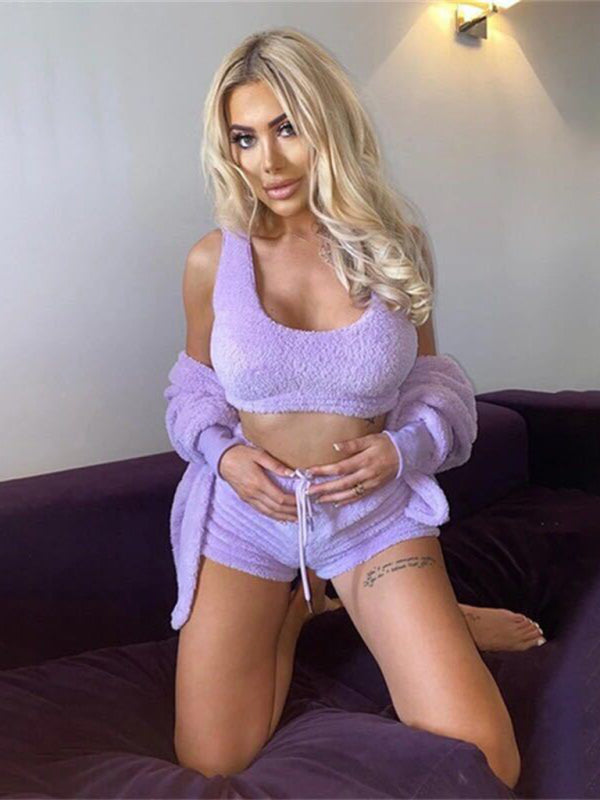 Plush three-piece jacket vest shorts sports suit set BLUE ZONE PLANET