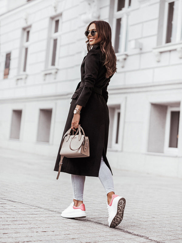 Long Sleeve V Neck Tie Wool Jacket BLUE ZONE PLANET