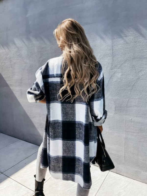 Ava's Single-Breasted Plaid Long-Sleeved Shirt Jacket kakaclo