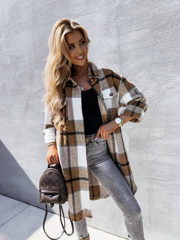 Ava's Single-Breasted Plaid Long-Sleeved Shirt Jacket kakaclo
