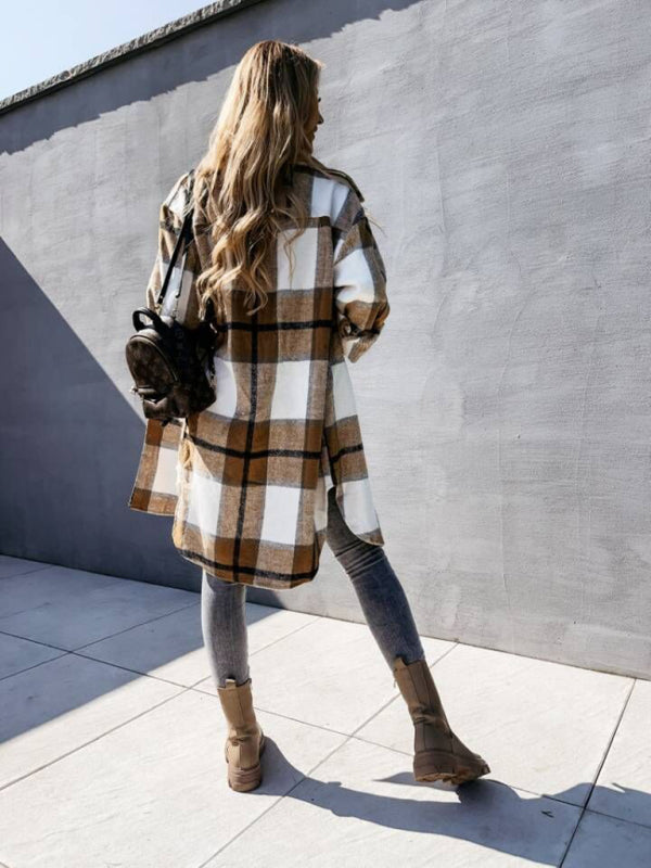 Ava's Single-Breasted Plaid Long-Sleeved Shirt Jacket kakaclo