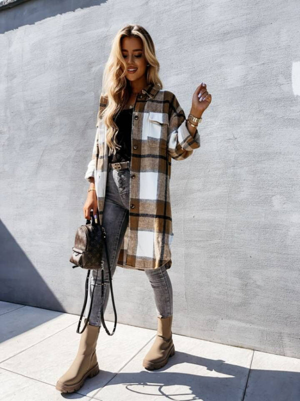 Ava's Single-Breasted Plaid Long-Sleeved Shirt Jacket kakaclo