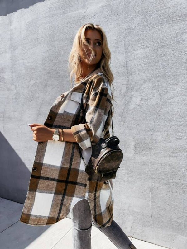 Ava's Single-Breasted Plaid Long-Sleeved Shirt Jacket kakaclo