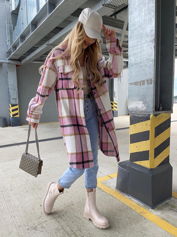 Ava's Single-Breasted Plaid Long-Sleeved Shirt Jacket kakaclo
