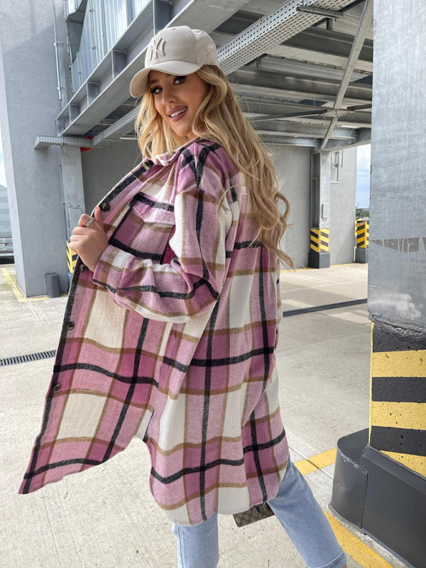 Ava's Single-Breasted Plaid Long-Sleeved Shirt Jacket kakaclo