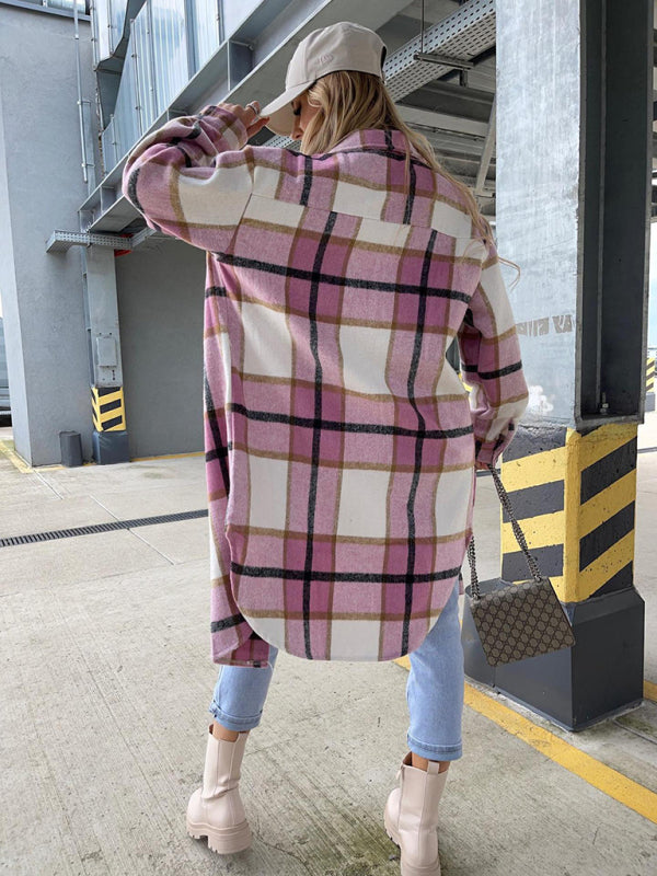 Ava's Single-Breasted Plaid Long-Sleeved Shirt Jacket kakaclo